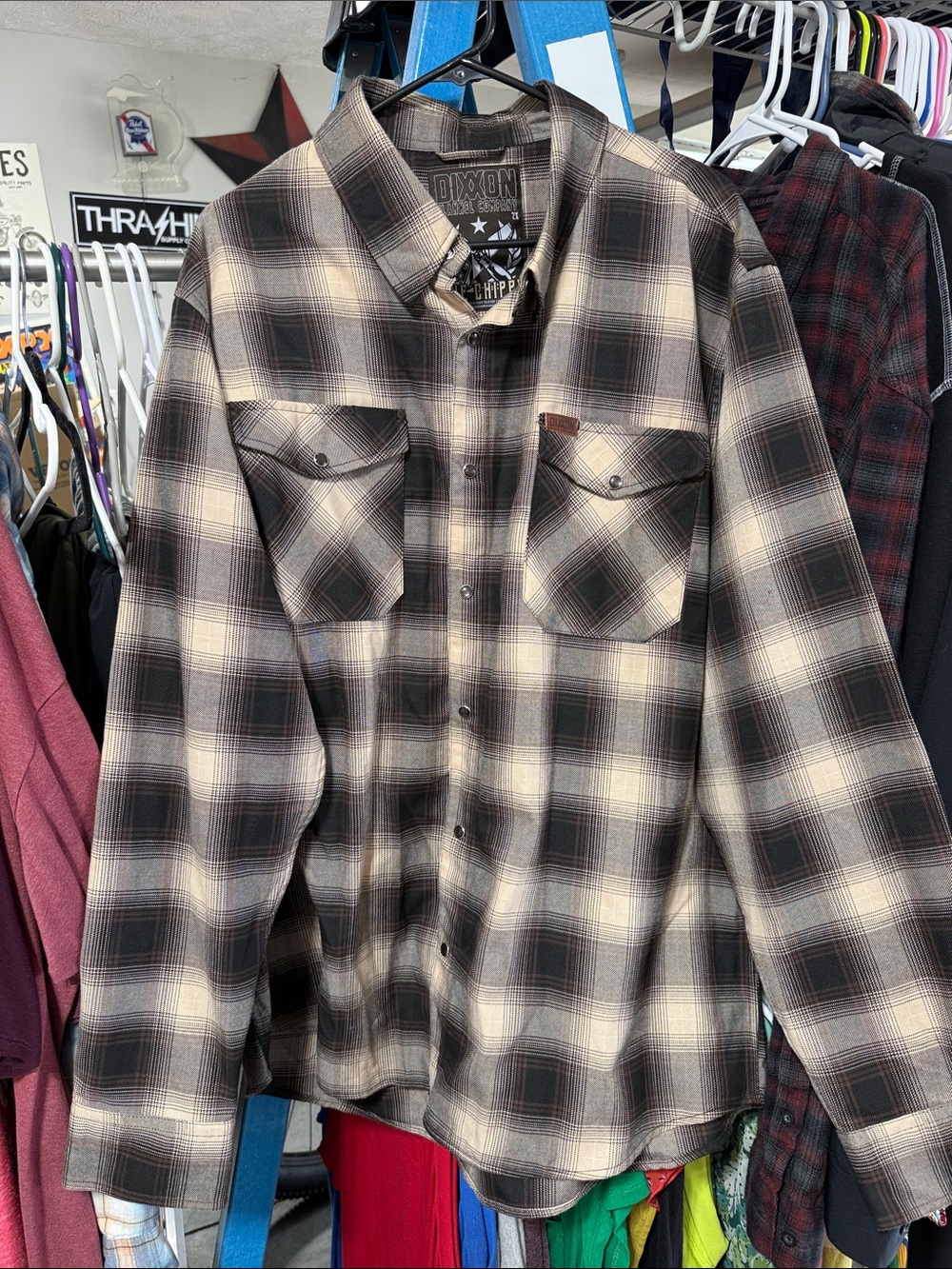 DIXXON Men's Plaid Button-Down Shirt in Black and Cream